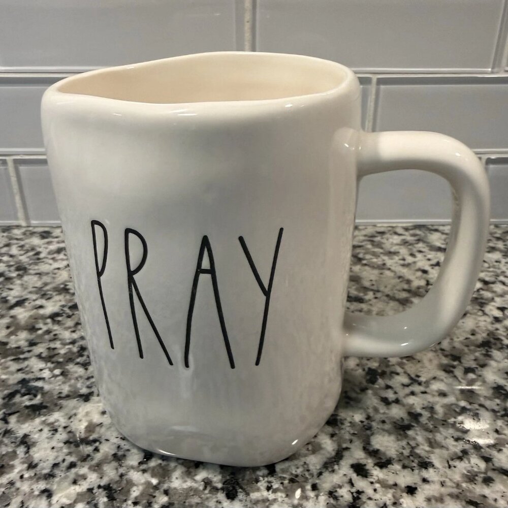 Rae Dunn Ceramic Coffee Mug White Artisan Pray Microwave Safe Round Shape